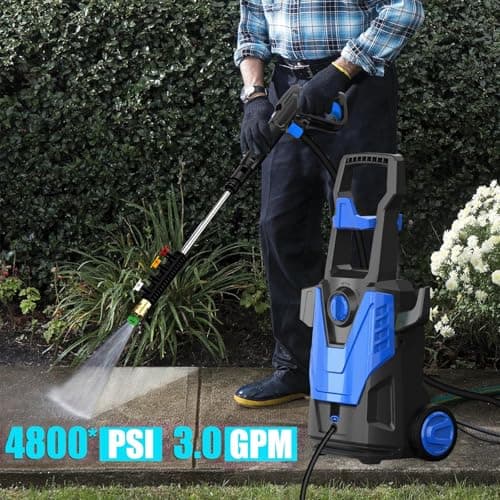 Electric Pressure Washer, 4800PSI Max 3.0GPM Power Washer Electric Powered with 20FT Hose, 35FT Power Cord, 4 Nozzles Foam Cannon High Pressure Washer for Car Patio Garden Fences(Bule)