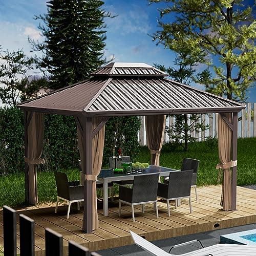 Kozyard Caesar 10'x12' Hardtop Gazebo - Permanent Metal Pavilion with Netting and Shaded Curtains for Patio, Backyard, and Deck - Galvanized Steel Outdoor Aluminum Canopy, Double Roof Gazebo (Brown)