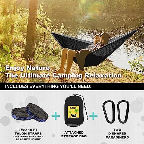 SZHLUX Camping Hammock Double & Single Portable Hammocks with 2 Tree Straps and Attached Carry Bag,Great for Outdoor,Indoor,Beach,Camping,Black & Grey, Large