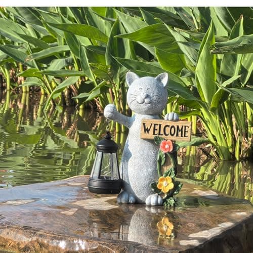 Solar Cat Statue Outdoor Decor-9.4" Welcome Garden Sculpture with Solar Lantern &3D Flowers,Weatherproof Resin Yard Art for Patio, Lawn,Yard Outside,Birthday Gifts for Mom,Grandma,Cat Lovers