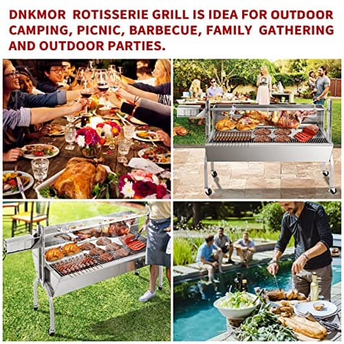 Rotisserie Grill Stainless Steel Charcoal Spit Roaster, 62" Pig Lamb Hooded Roaster Charcoal Spit with 30W Motor & Adjustable Height Lockable Casters for Outdoor Party Barbecue, Rated 150 LB By DNKMOR