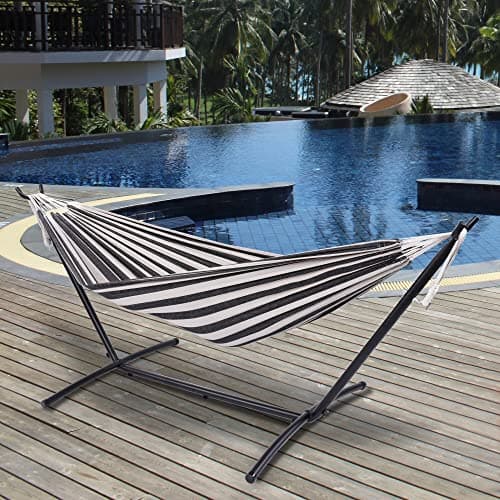 Hammock with Stand for Outside, Heavy Duty Space Saving Steel Stand with 450 lb Capacity,Double Hammock with Portable Carrying Bag, Hamacas para Adultos for Outdoors, Patio, Garden, Yard