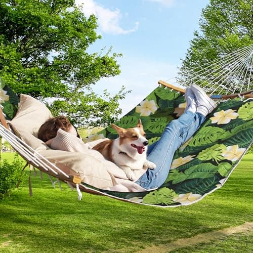 Double Hammock, 11 FT Quilted Fabric 2 Person Hammock for Outside with Pillow, Folding Curved Spreader Bar, Chains, Carrying Bag, Indoor Outdoor, 450 IB Capacity, GreenLeaves
