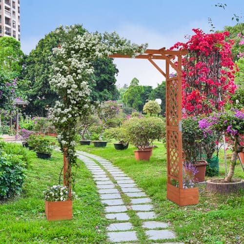 VINGLI Wooden Garden Arbor with Planter, Wedding Arch for Ceremony, Wood Garden Arbour Trellis for Plant Climbing, Pergola for Garden Backyard, Lawn, Outdoor