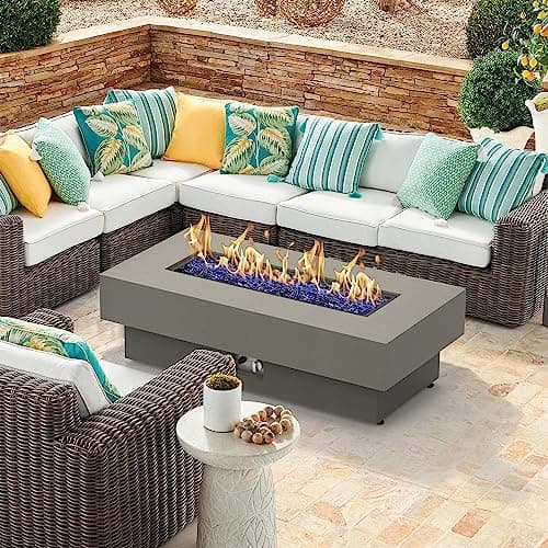 48-inch Fire Table with Natural Gas Conversion Kit, 50,000BTU Outdoor Modern Patio Fire Pit Table w/Rectangular Burner Lid, Glass Rocks, Cover