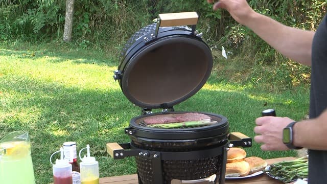 Sunnydaze 13” Kamado Portable Charcoal Grill with Smoker - Outdoor Ceramic Small BBQ Grill with Stand and Cooking Grate - Red