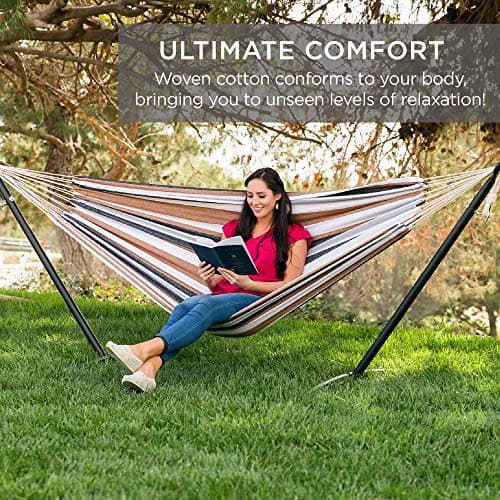 Best Choice Products Double Hammock with Steel Stand, Indoor Outdoor Brazilian-Style Cotton Bed w/Carrying Bag, 2-Person Capacity - Desert Stripes