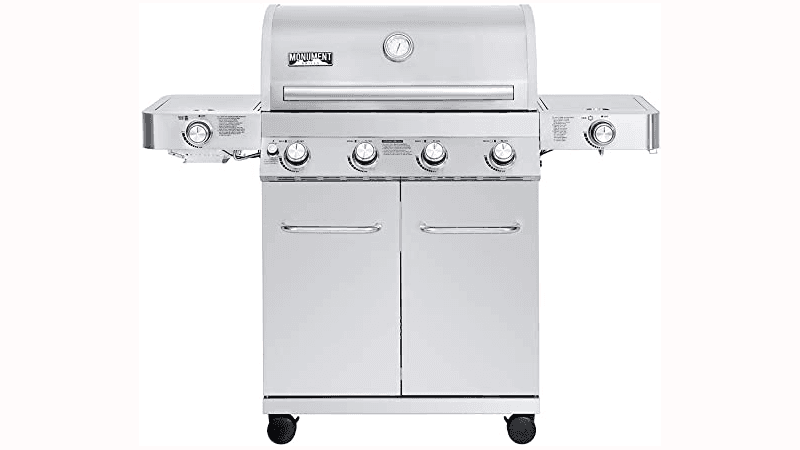 Monument Grills Larger 4-Burner Propane Gas Grills Stainless Steel Cabinet Style with Side & Side Sear Burners, Built-In Thermometer, and Knob Controls
