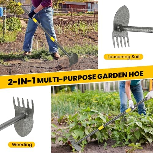 Hoe Garden Tools, Pointed Hoe for Weeding, Iron Tines for Loosening Soil, Hoe Cultivator 2 in 1 Manual Garden Tools, 17-60 Inch Long Handle Heavy Duty Garden Hoe, Black