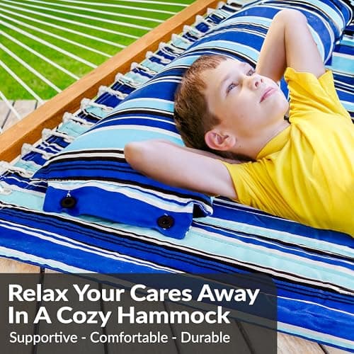 Sunnydaze Quilted Outdoor Hammock with Spreader Bars - Heavy-Duty 450-Pound Capacity Double Hammock for Outside - Catalina Beach