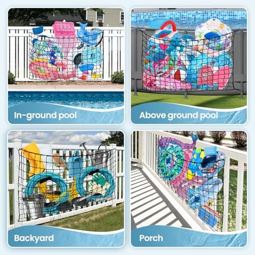 Pool Toy Float Storage Net - 71*47 Inch Extra Large Elastic Mesh Fence Net with 20 Hooks Outdoor Hanging Pool Storage Organizer for Pool Floats, Swim Rings, Balls, Inflatable Toys Pool Accessories