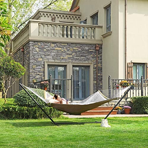 SONGMICS Hammock, Quilted Hammock with Curved Bamboo Spreaders, Pillow, 78.7 x 55.1 Inches, Portable Padded Hammock Holds up to 495 lb, Gray and Beige UGDC34CG