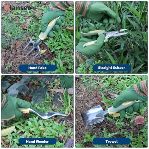 Set of 12 Garden Tool, iHansee Heavy-Duty Aluminum Gardening Hand Tools with Rubber Non-Slip Handle, Garden Apron, Gloves, Kneeling Pad and Storage Bag, Garden Hand Tools Starter Kit Landscaping Tools