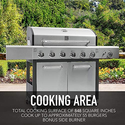 Kenmore 6-Burner Propane Gas BBQ Grill with Side Burner, 73,000 BTUs, Stainless Steel Cabinet Grill with Cast Iron Grates for Outdoor Cooking, Backyard BBQ, Patio, Large Parties
