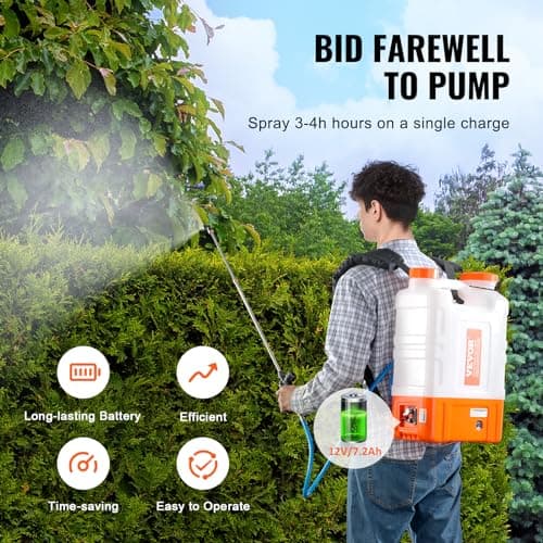 VEVOR 4 Gallon Battery Powered Backpack Sprayer with Wheeled Cart, Adjustable 0-94 PSI, 13FT Hose, 6 Nozzles, 2 Wands Included, Wide Mouth Lid for Weeding, Cleaning, Long Spray Time, White+Orange