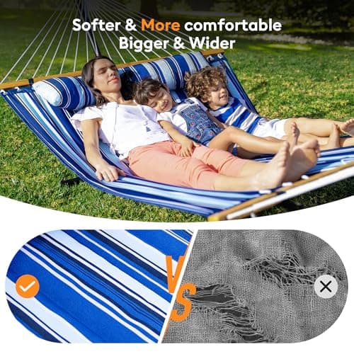 Double Hammock with Spreader Bar,Soft Pillow,Max Load 500lbs,Portable Hammock for Outdoor,Camping,and Backyard,Blue