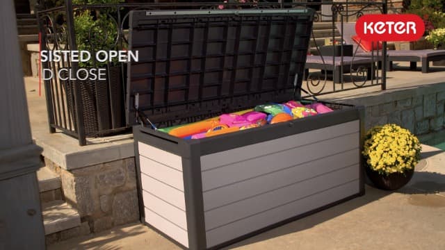 Keter Denali 150 Gallon Resin Large Deck Box with Double Wall 20mm Panels - Paintable and Drillable-Organization and Storage for Patio Storage Box and Outdoor Items, Grey & Black