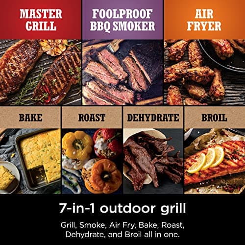 Ninja | Woodfire Series | 7-in-1 (Grill, BBQ, Roast, Air Fry, Dehydrate, Broil, Smoke) | Portable & Weather Resistant | Cook Up To 6 Steaks & 30 Hot Dogs | Woodfire Pellets included | OG701