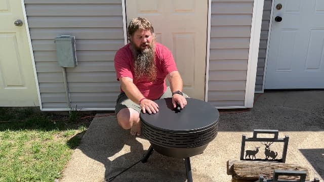 23 Inch Cast Iron Round Fire Pit with Grill, 3-in-1 Outdoor Fire Bowl, Fire Pit Table with Metal Lid and Fire Poker, Wood Burning Firepit for BBQ Bonfire Patio Picnic