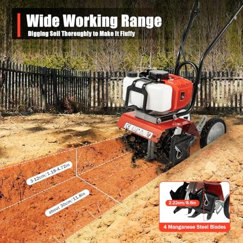 Garden Tiller Cultivator,52CC 2-Stroke Gas Powered Engine Rototiller Garden Tool with Widened Mud Flap Cordless with Long Handle Strong Power Garden Cultivator for Plowing Turning Soil Ditching