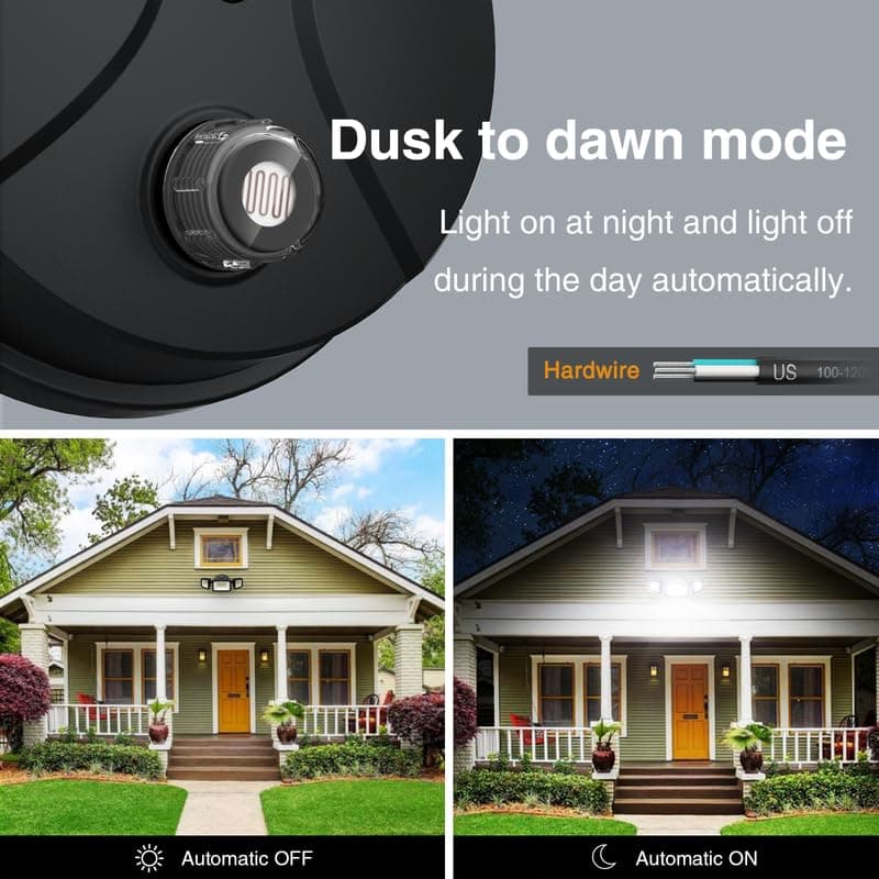Onforu 60W LED Dusk to Dawn Outdoor Lighting, 2 Packs 6000LM Exterior Flood Lights, IP65 Waterproof Outdoor 3 Adjustable Heads Photocell Lights Fixture, 6500K Daylight White Floodlights