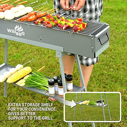 Charcoal Grills Commercial Quality Portable Multiple Size Hibachi BBQ Lamb Skewer Folded Camping Barbecue Grill for Garden Backyard Party Picnic Travel Outdoor Cooking Use(31.6x7.1x5.1 inch)