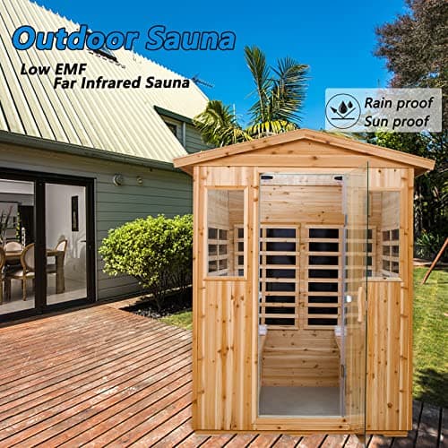 Outdoor Infrared Sauna 4 Person Far Infrared Saunas Low EMF Sauna Room for Home, 2050watt Canadian Hemlock Wooden Large Sauna with Blue-Tooth, 2 LCD Control, 4 Chromo Therapy Lighting