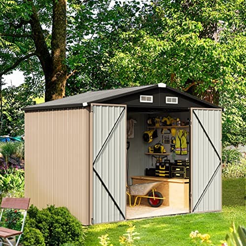 Aoxun 8’ x 6’ Outdoor Metal Storage Shed, Steel Utility Tool Shed Storage with Lockable Doors, Metal Sheds Outdoor Storage for Backyard, Garden, Lawn and Patio, Brown