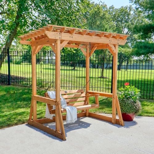 Backyard Discovery Callahan 8' x 5' Cedar Wood Outdoor Patio Pergola Swing Bench with Trellis, Two-Person Seating, Chains, Water Resistance, 600 Lb Weight Capacity for Porch, Patio, Deck, Garden
