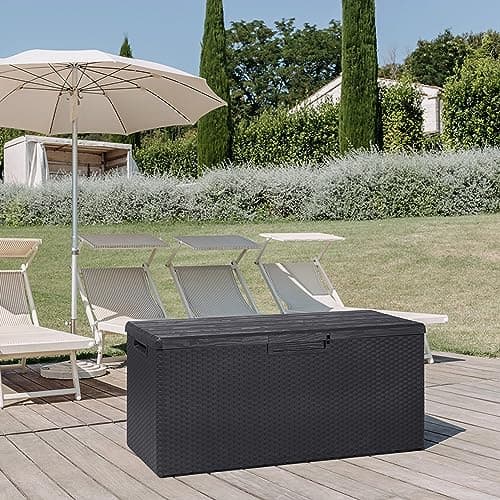 Toomax Portofino Large 90 Gallon Plastic Outdoor Storage Backyard Deck Box, with Lockable Lid, Seat Weight Capacity 450 Pounds, Gray