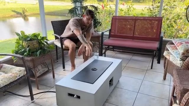 31.5 Inch Outdoor Propane Fire Pit Table 2-Piece 50,000 BTU Gas Fire Pit Concrete Round Burner Tank Cover Fire Coffee Table with Lid for Garden,Deck-31.5" Grey