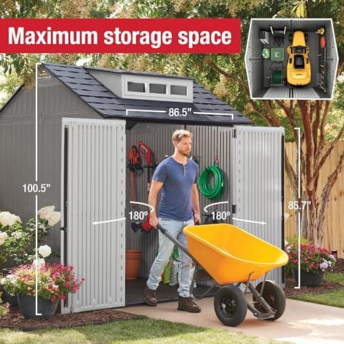 Rubbermaid Resin Outdoor Storage Shed With Floor (7 x 7 Ft), Weather Resistant, Gray, Organization for Home/Backyard/Garden Tools/Lawn Mower/Bike Storage/Pool Supplies