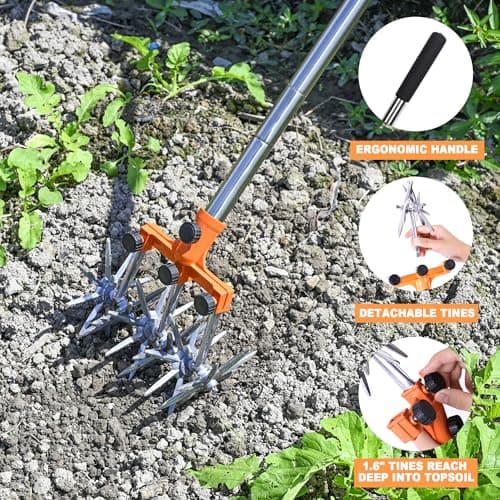 Rotary Cultivator Garden Rotary Tiller Adjustable Stainless Steel Poles Hand Tiller for Soil Mixing or Reseeding Grass Lawn Tiller Total Length 57 Inch