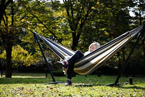 Vivere Double Cotton Hammock with Space Saving Steel Stand, Upgraded Polyester End Strings 450 lb Capacity - Premium Carry Bag Included - USA Grown Cotton (Desert Moon)