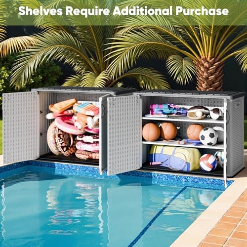 Devoko Outdoor Storage Cabinet 26 Cu Ft with Pad-Lockable Doors, Horizontal Storage Shed Waterproof Patio Tools Storage Box for Sofa Cushions, Gardening Tools and Accessories (White)