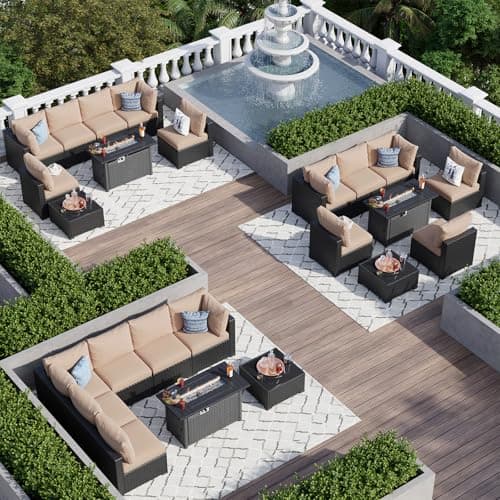 Aoxun 8 Piece Patio Furniture Set with 44” Fire Pit Table Wicker Rattan Patio Sectional Sofa Set Outdoor Seating Furniture with Thickened Cushion, Beige