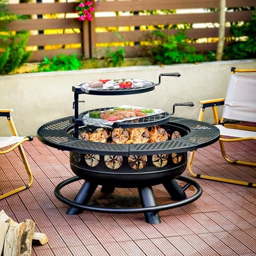 36 Inch Fire Pit with 2 Cooking Grills,Outdoor Wood Burning BBQ Firepit with Lid, 3-in-1 Outdoor Fire Pit for Backyard Deck Bonfire Patio Picnic