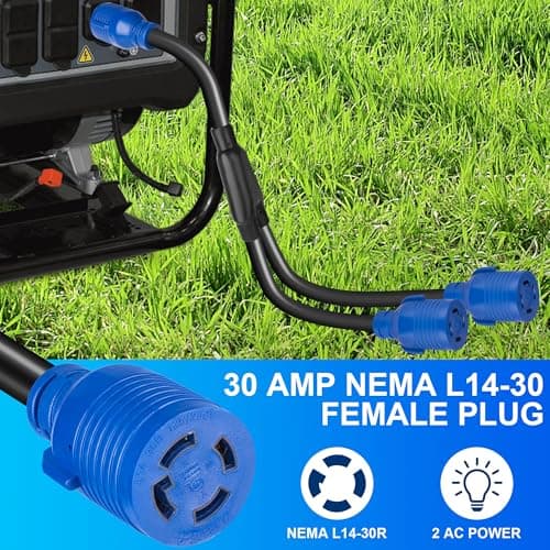 4-Prong 30 Amp Generator Splitter Y Adapter NEMA L14-30P to 2X L14-30R, 10 AWG SJTW Locking Power Cord, 125/250V 7500W for Manual Transfer Switch, Portable Generators & Emergency Power, 3ft
