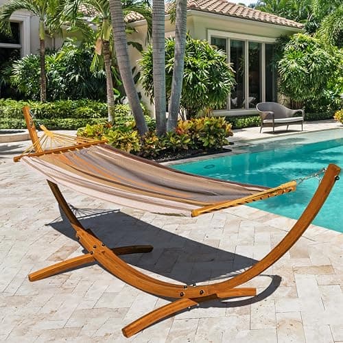 Lazy Daze Hammocks 10.5 FT Outdoor Arc Wood Hammock Stand, 2 Person Russian Pine Hardwood Hammock Stand with Carabiners and Chains, for Outdoor Patio Garden Poolside, 300lb Capacity,Brown