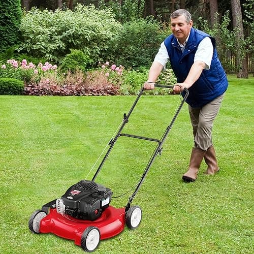 Yard Machines Gas Powered Push Lawn Mower with Engine Oil, 20 Inch Steel Cutting Deck, and Side Discharge for Outdoor Yards, Red/Black