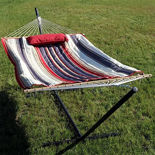 Sunnydaze Rope Hammock with Stand Combo - 275-Pound Capacity - Includes 12-Foot Hammock Stand, Spreader Bar, Pad, and Pillow - Modern Lines