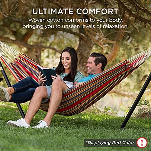 Best Choice Products Double Hammock with Steel Stand, Indoor Outdoor Brazilian-Style Cotton Bed w/Carrying Bag, 2-Person Capacity - Onyx