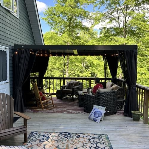 Domi Outdoor Living 10’ X 13’ Outdoor Louvered Pergola Aluminum Patio Garden Pergola with Adjustable Roof for Backyard, Garden w/Curtains and Netting (Dark Brown)