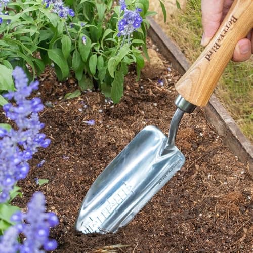 Potting Trowel, Stainless Steel Serrated Hand Shovel, Wood Handle Garden Trowel Tool with Measuring Scale for Effortless Digging,Roots，Planting, Cutting and Transplanting