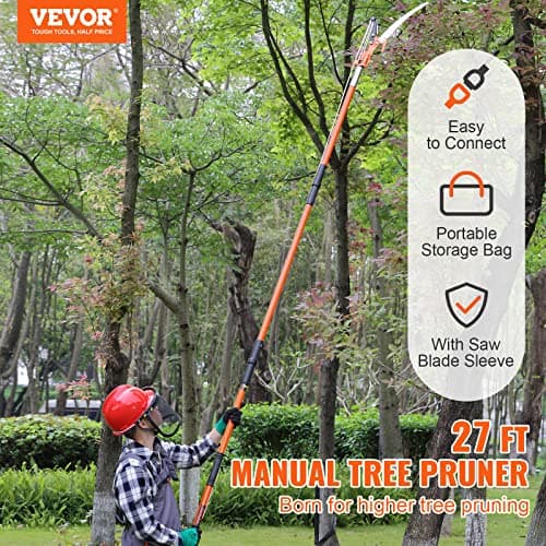 VEVOR Manual Pole Saw, 7.3-27 ft Extendable Tree Pruner, Sharp Steel Blade and Scissors High Branches Trimming, Branch Trimmer with Lightweight 8 Fiberglass Handles, for Pruning Palms and Shrubs
