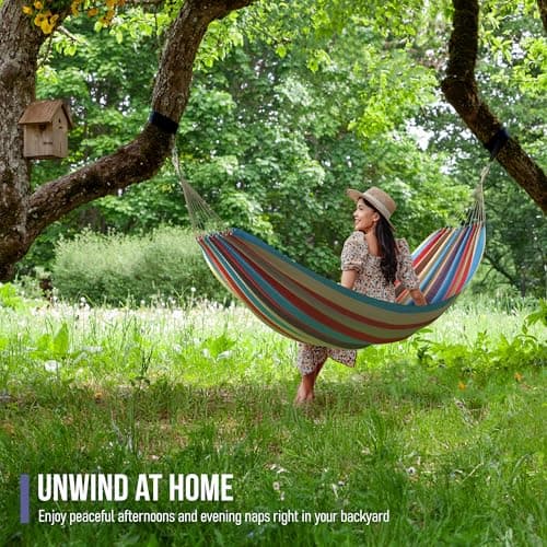 Sorbus® Brazilian Double Hammock - Extra-Long Two Person Portable Hammock Bed for Indoor or Outdoor Spaces - Hanging Rope, Carrying Pouch Included (Blue/Sand/Purple/Red Stripes)