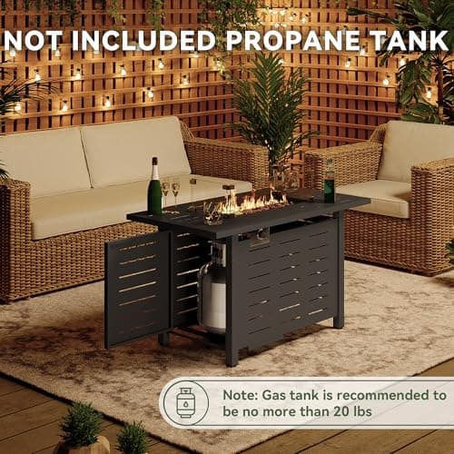 Aoxun 44 Inch Propane Fire Pit 50,000 BTU Outdoor Gas Fire Table with Waterproof Cover and Glass Wind Guard, Rectangular Steel Firepit Table with Lid and Lava Rock for Outdoor, Patio, Backyard