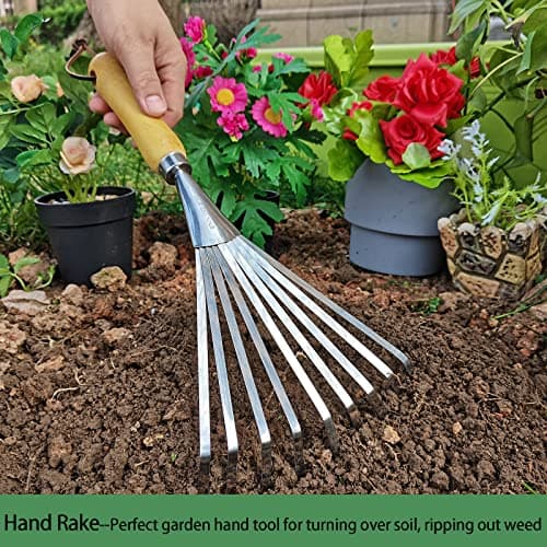 Hand Rakes, Garden Stainless Steel Hand Rake Soil Tiller with Ergonomic Handle, Small Leaf Rakes Great for Gardening, Garden Sweep Yard Flower Beds Tool