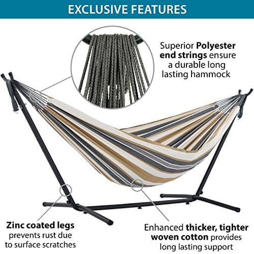 Vivere Double Cotton Hammock with Space Saving Steel Stand, Upgraded Polyester End Strings 450 lb Capacity - Premium Carry Bag Included - USA Grown Cotton (Desert Moon)
