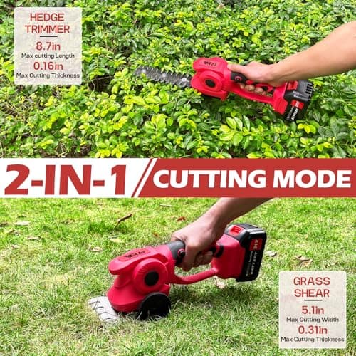 Hedge Trimmer Cordless, 2 in 1 Cordless Hedge Trimmer with 2600mAh Battery*2, High Power and Large Capacity Hedge Shears for Gardens, Patios and Lawns Charger Included